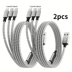 Jogrytece 2pcs 1.2m/ 4ft MFi Certified Nylon Braided 3 in 1 USB charging cable with Type-C, Micro USB, IP Port for Most Phones/ iPhones/ Tablets