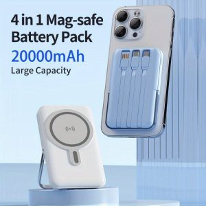 20000mAh 5 in 1 Wireless Portable Charger with Built-in Cables, Magnetic Power Bank LED Display, Mag-Safe Battery Pack with Stand 20W PD Fast Charging for iPhone 16/ 15/ 14/ 13/ Pro/ Mini/ Pro Max