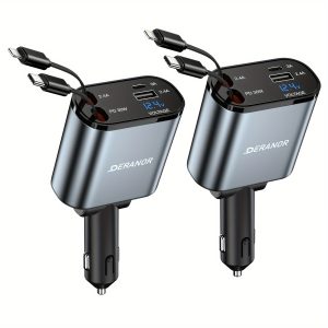 2 Pack Retractable Car Charger 4 In 1 Fast Car Phone Charger 69W, Type C Car Charger Adapter With 2X Retractable Phone Charger Cables And 2X USB Ports For IPhone 15/14/13/12, Samsung S24/S23, Google