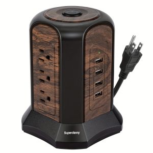 SUPERDANNY Power Strip Tower Surge Protector, Desktop Charging Station, 10 Ft Extension Cord, 9 Outlets, 4 USBs, 1080 Joules, 3-Prong, Grounded, Multiple Protections for Home, Office, Deep Wood Grain